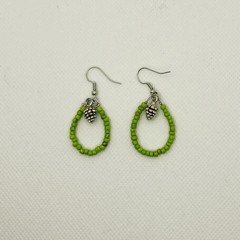 Handmade Lime Green Beaded Teardrop Earrings with Silver Leaf Charm - Picture 2 of 2